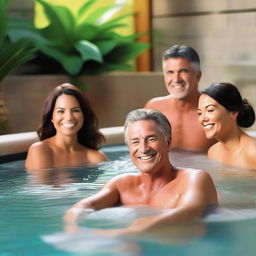 A vibrant, high-quality image featuring a group of attractive, smiling adults relaxing together in a luxurious hot tub