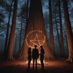 A trio of teenage boys and a solitary girl gathered around a flaming witchy pentagram within a forest of towering cypress trees at night, creating an aura of youthful enchantment and mystery.