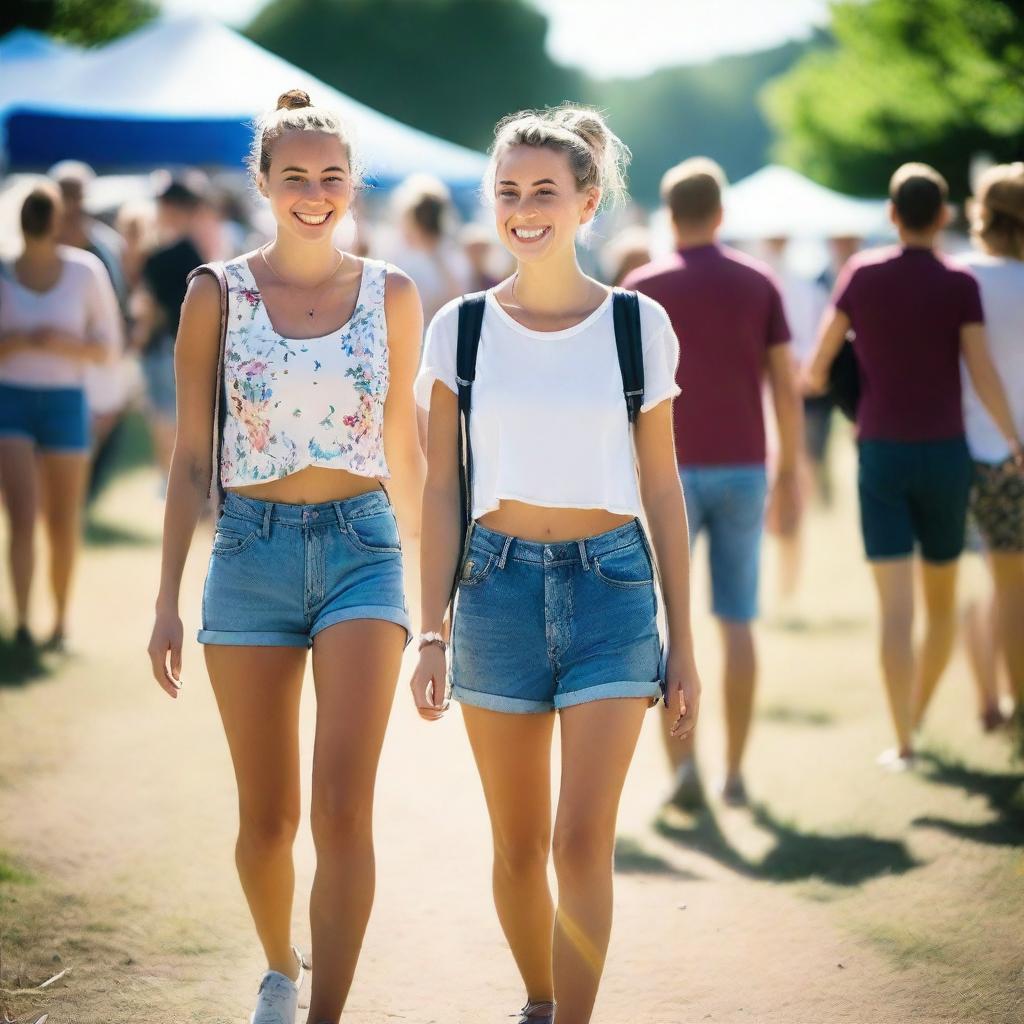 A 27-year-old French girl with a blonde hairbun, smiling and slim, wearing jeans shorts, walking with a friend at a sunny festival