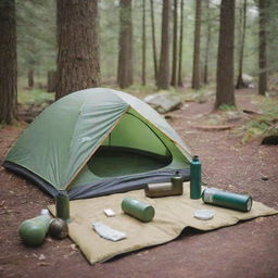 Add to the serene camping scene a variety of outdoor products including a camping pad, hiking gear and an insulated water bottle.