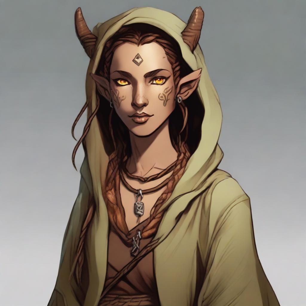 A female Tiefling about 29 years old with a greenish-red skin tone covering her entire body