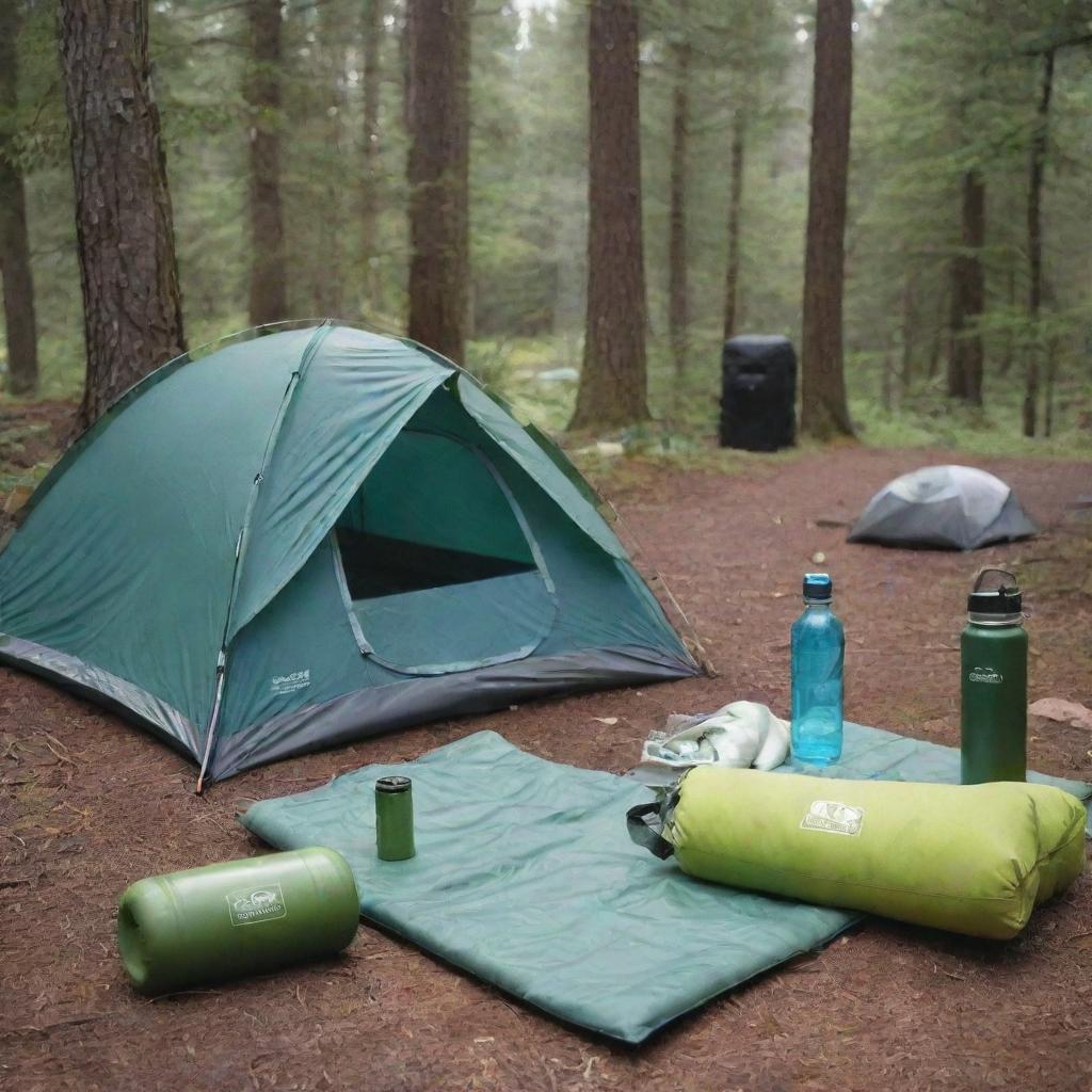 Add to the serene camping scene a variety of outdoor products including a camping pad, hiking gear and an insulated water bottle.