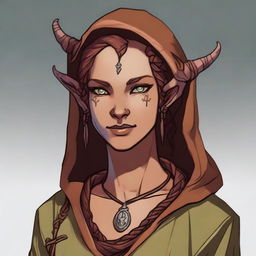 A female Tiefling about 29 years old with a greenish-red skin tone covering her entire body