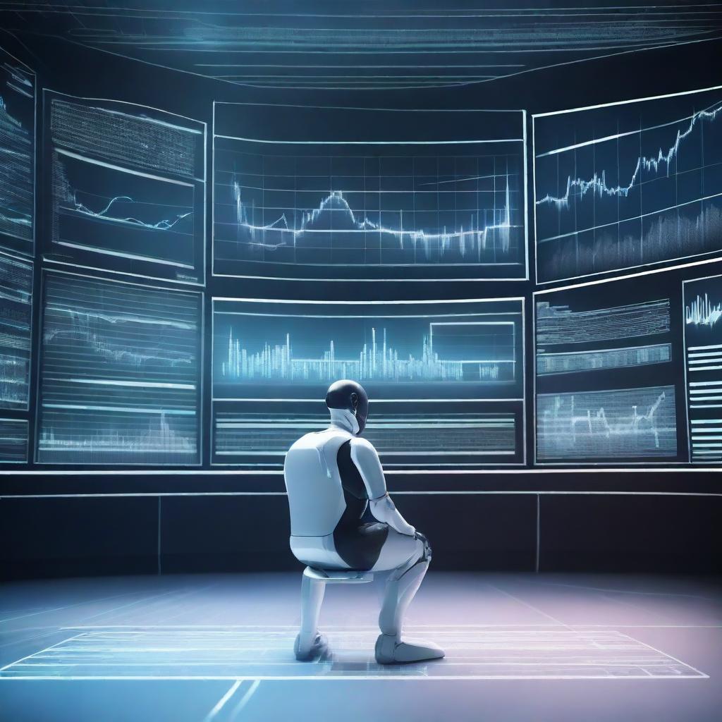 A futuristic scene showing AI-powered robots analyzing stock market data on large digital screens