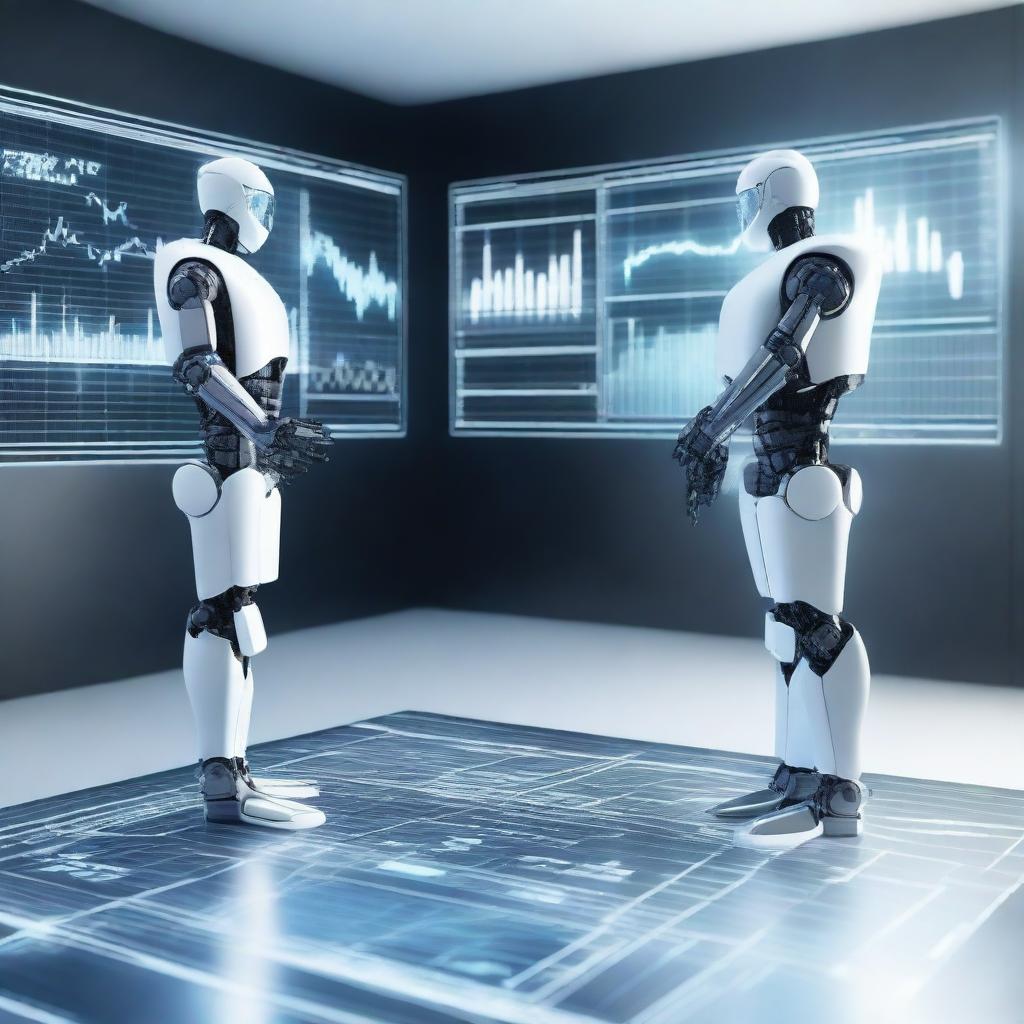 A futuristic scene showing AI-powered robots analyzing stock market data on large digital screens