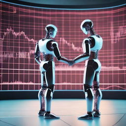 A futuristic scene showing AI-powered robots analyzing stock market data on large digital screens