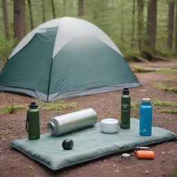 Add to the serene camping scene a variety of outdoor products including a camping pad, hiking gear and an insulated water bottle.