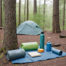 Add to the serene camping scene a variety of outdoor products including a camping pad, hiking gear and an insulated water bottle.