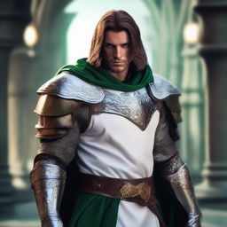 A strong male aasimar paladin knight in a fantasy setting, wearing milk white robes over plate mail