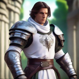 A strong male aasimar paladin knight in a fantasy setting, wearing milk white robes over plate mail