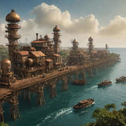 A steampunk-infused portrayal of Guinea-Bissau, showcasing the coastal landscapes imbued with brass structures, Bissau city layered with mechanical developments, and the verdant Bijagos Islands teeming with steam-powered fauna.