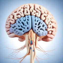 A detailed illustration of a brain with visible nerve cells and a spinal cord