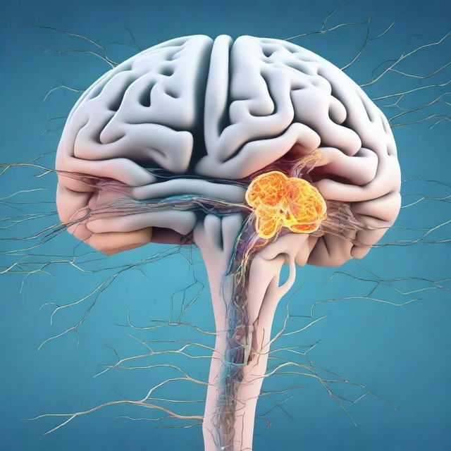 A detailed illustration of a brain with visible nerve cells and a spinal cord