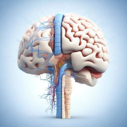 A detailed illustration of a brain with visible nerve cells and a spinal cord