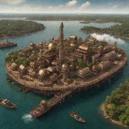 A steampunk-infused portrayal of Guinea-Bissau, showcasing the coastal landscapes imbued with brass structures, Bissau city layered with mechanical developments, and the verdant Bijagos Islands teeming with steam-powered fauna.