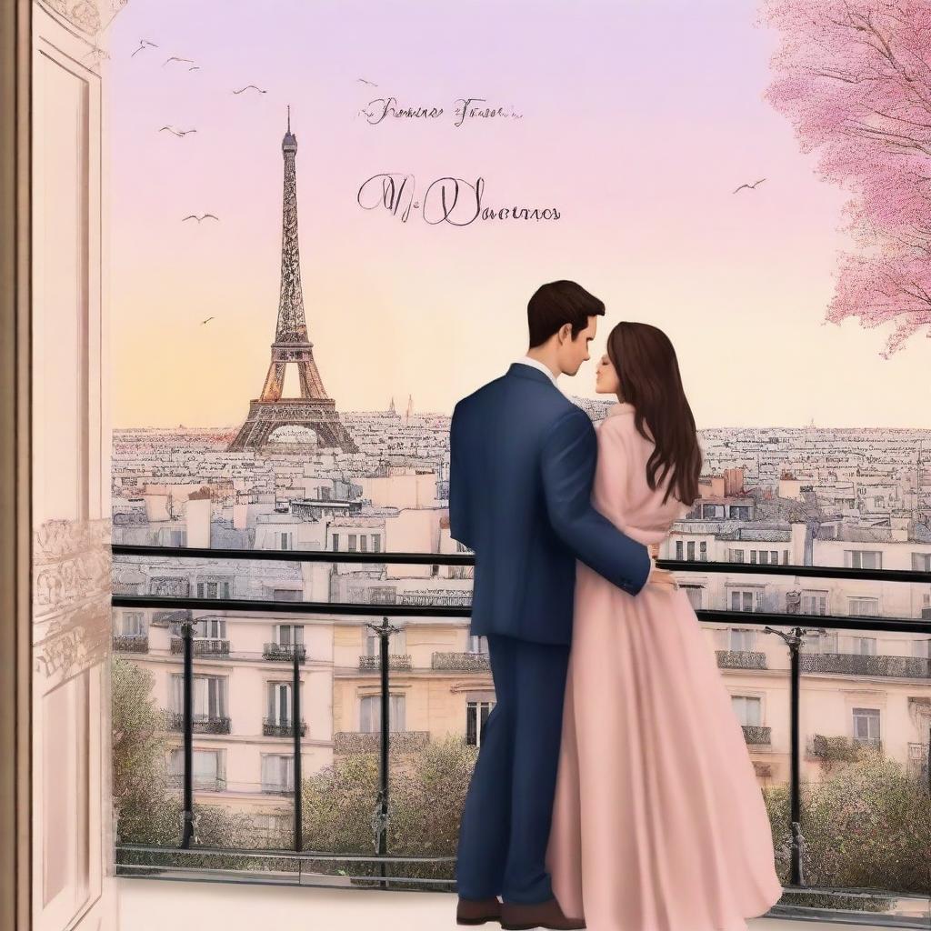 Create a book cover for a romance novel titled 'Balcones en Paris'