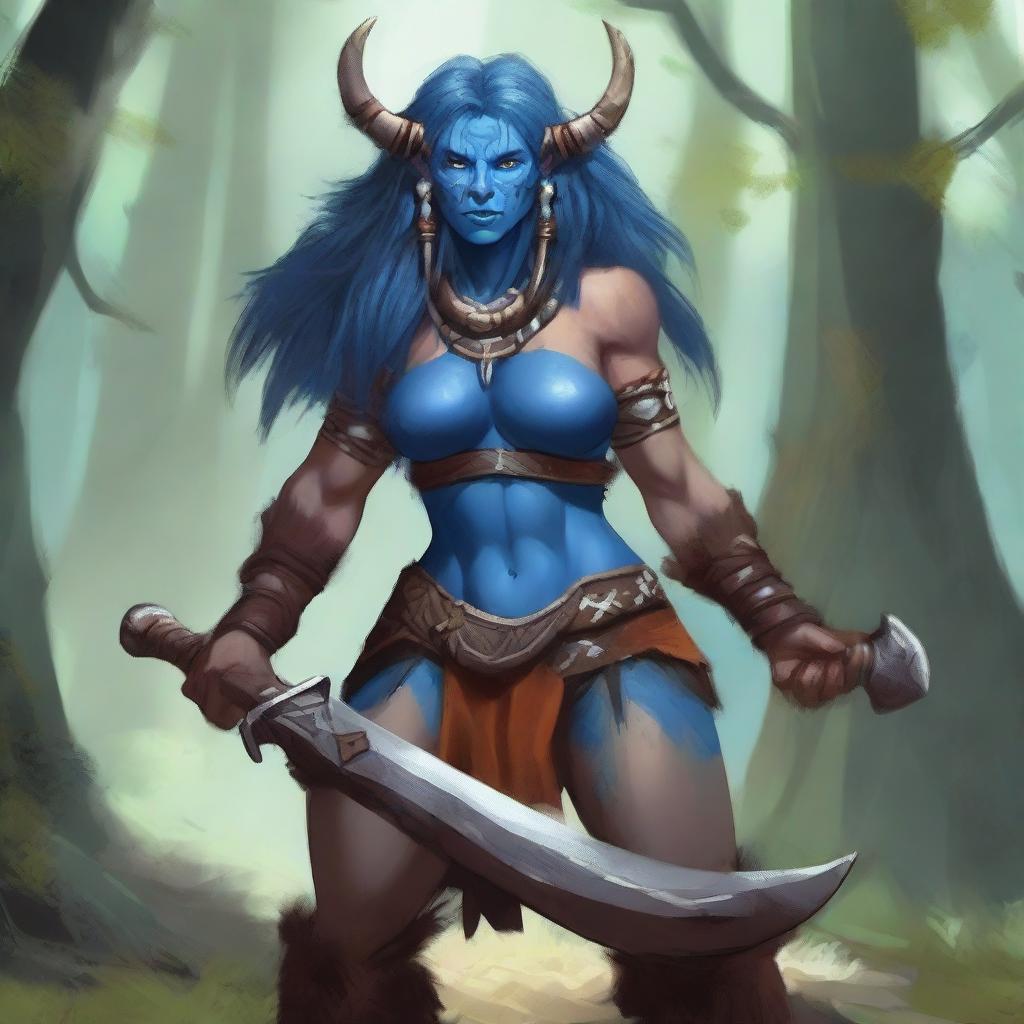 A fierce female firbolg barbarian standing in a lush forest, wielding a massive battle axe