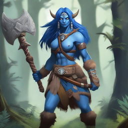 A fierce female firbolg barbarian standing in a lush forest, wielding a massive battle axe