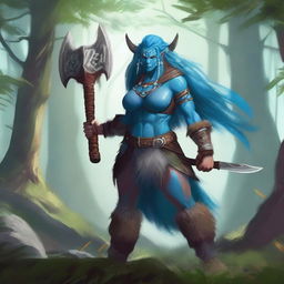 A fierce female firbolg barbarian standing in a lush forest, wielding a massive battle axe