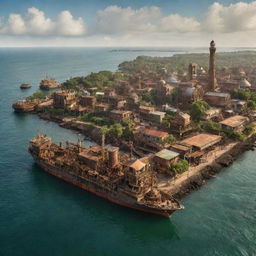 A steampunk-infused portrayal of Guinea-Bissau, showcasing the coastal landscapes imbued with brass structures, Bissau city layered with mechanical developments, and the verdant Bijagos Islands teeming with steam-powered fauna.