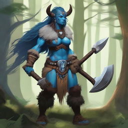 A fierce female firbolg barbarian standing in a lush forest, wielding a massive battle axe