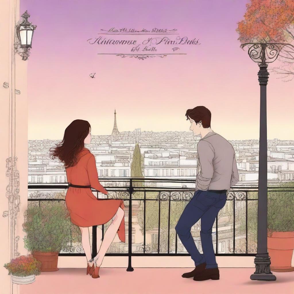 Create a book cover for a romance novel titled 'Balcones en Paris'