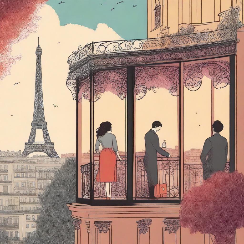 Create a book cover for a romance novel titled 'Balcones en Paris'