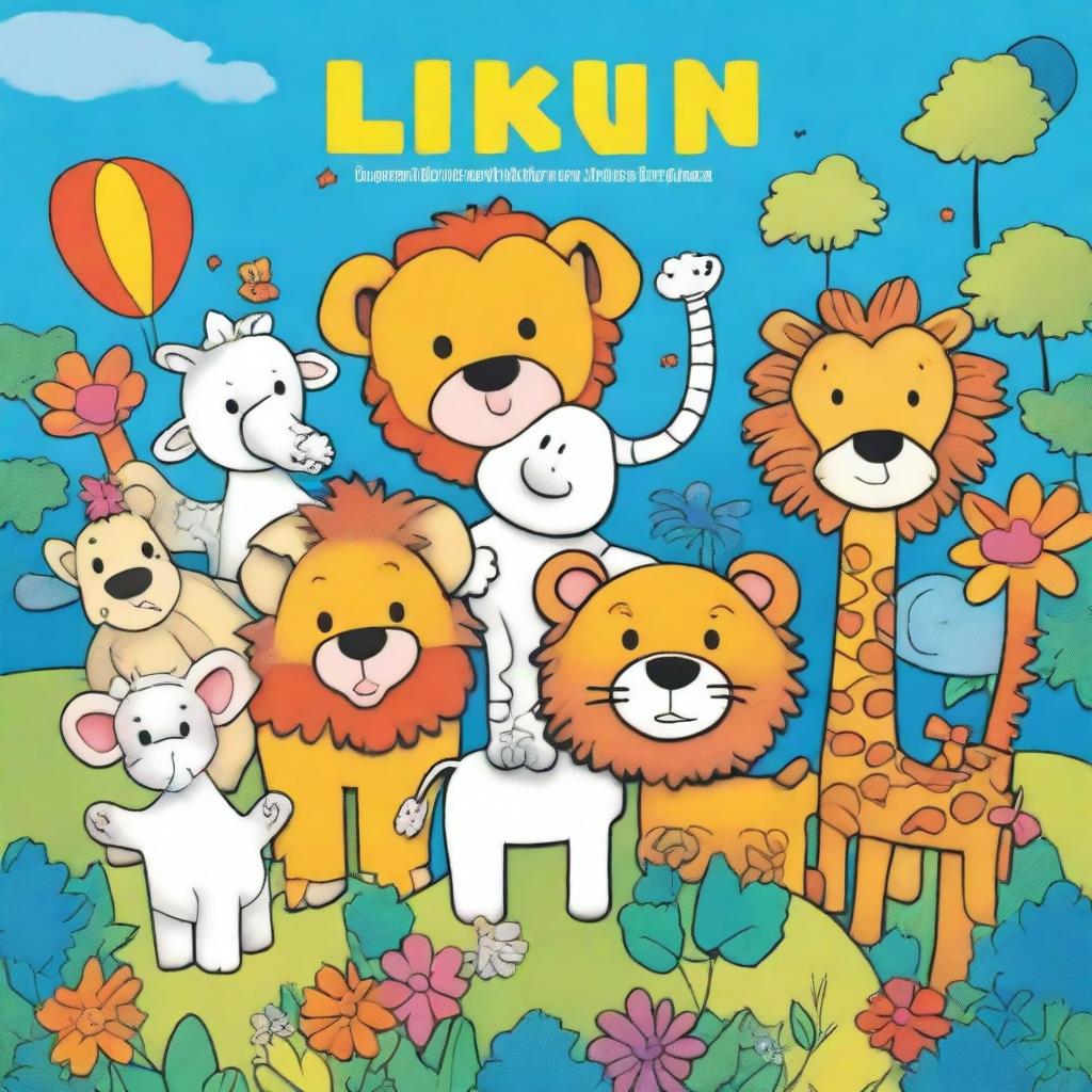 A vibrant and cheerful cover for a children's coloring book featuring a variety of cute animals such as lions, elephants, giraffes, and monkeys