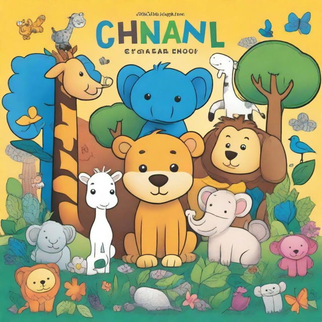 A vibrant and cheerful cover for a children's coloring book featuring a variety of cute animals such as lions, elephants, giraffes, and monkeys