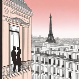 Create a minimalist book cover for a romance novel titled 'Balcones en Paris' in the style of 'Love Hypothesis'