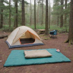 Modify the camping scene to include a mat made out of foam positioned neatly near the tent entrance within the tranquil nature.