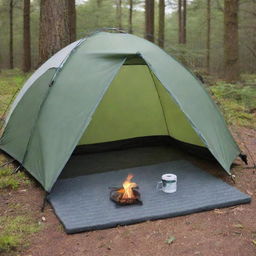 Modify the camping scene to include a mat made out of foam positioned neatly near the tent entrance within the tranquil nature.