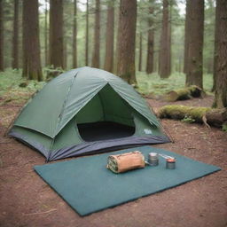 Modify the camping scene to include a mat made out of foam positioned neatly near the tent entrance within the tranquil nature.