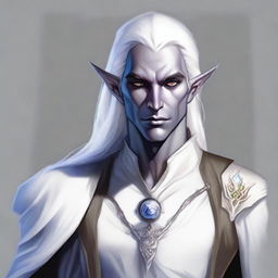 A male Drow elf from Dungeons & Dragons with white hair, standing 1