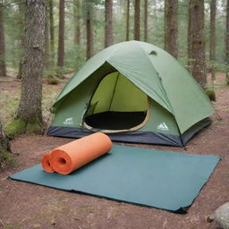 Modify the camping scene to include a mat made out of foam positioned neatly near the tent entrance within the tranquil nature.