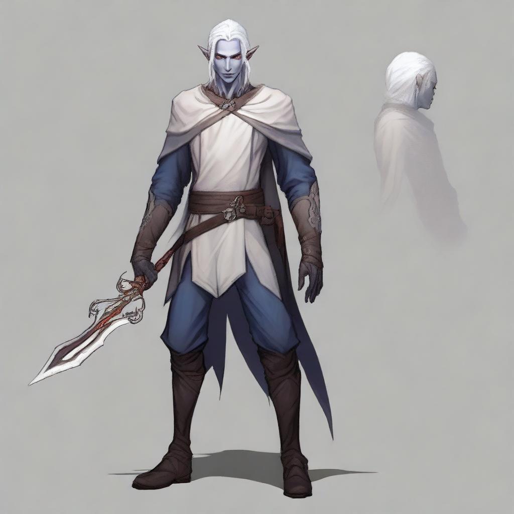 A male Drow elf from Dungeons & Dragons, 18 years old, with white hair, standing 1