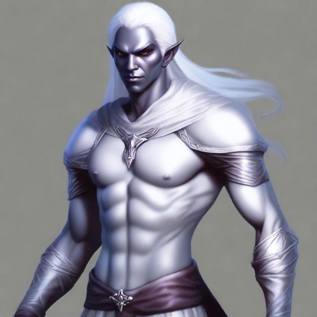 A male Drow elf from Dungeons & Dragons, 18 years old, with white hair, standing 1