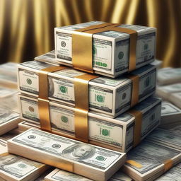 A glamorous image depicting a million dollars in cash, neatly stacked in bundles, with a luxurious background