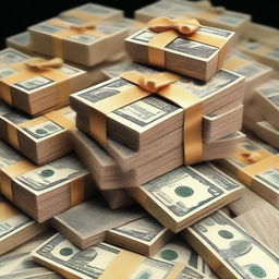 A glamorous image depicting a million dollars in cash, neatly stacked in bundles, with a luxurious background