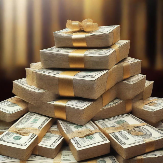 A glamorous image depicting a million dollars in cash, neatly stacked in bundles, with a luxurious background