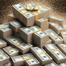 A glamorous image depicting a million dollars in cash, neatly stacked in bundles, with a luxurious background