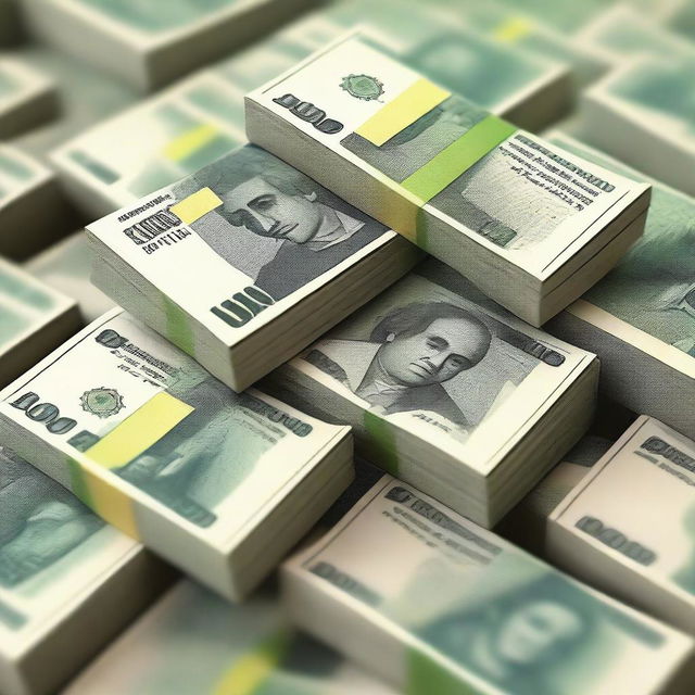 A detailed and realistic image of a million reais in Brazilian currency, neatly stacked in bundles