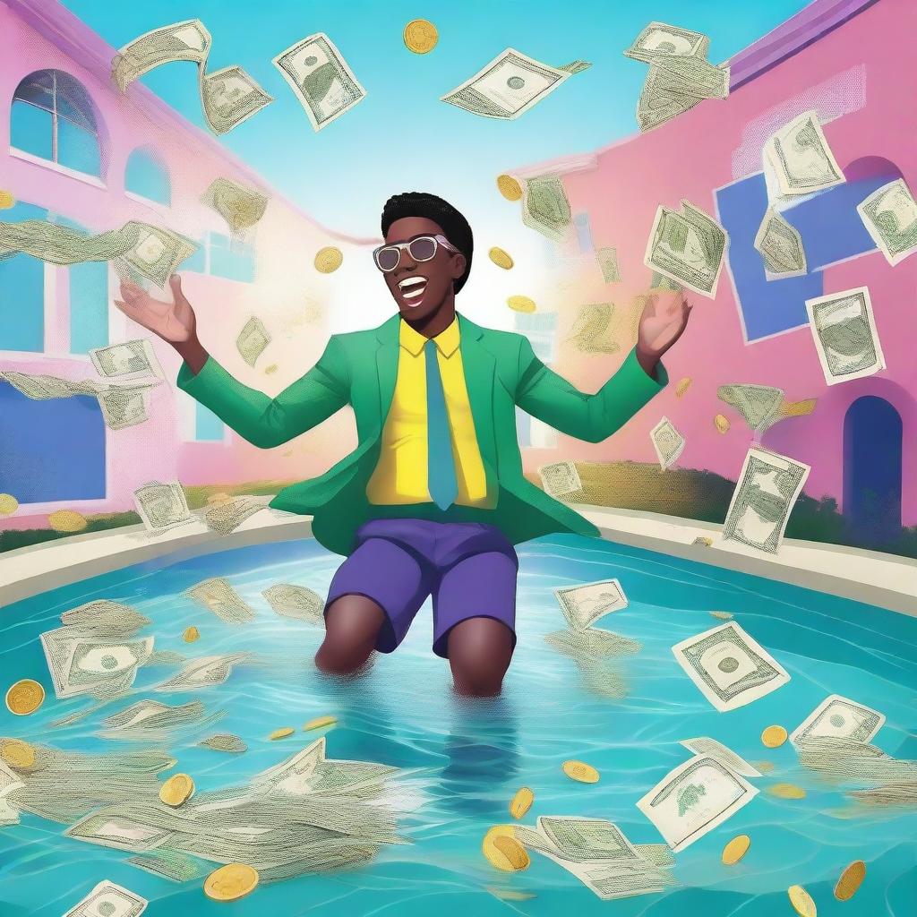 A vibrant and dynamic scene featuring a large pool filled with money, with a person diving in joyfully