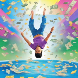 A vibrant and dynamic scene featuring a large pool filled with money, with a person diving in joyfully