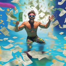 A vibrant and dynamic scene featuring a large pool filled with money, with a person diving in joyfully