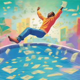 A vibrant and dynamic scene featuring a large pool filled with money, with a person diving in joyfully