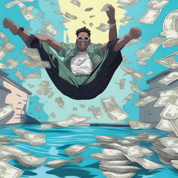 A dynamic scene featuring a pool filled with money, with a rapper diving into it