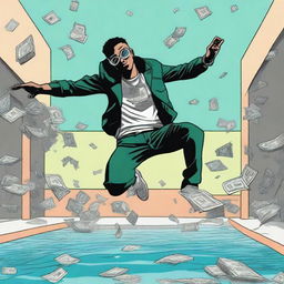 A dynamic scene featuring a pool filled with money, with a rapper diving into it