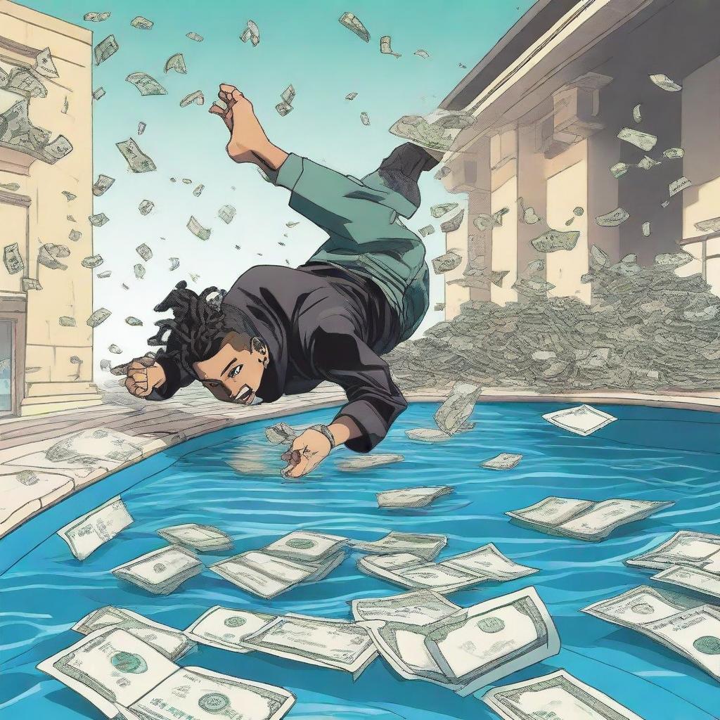 A dynamic scene featuring a pool filled with money, with a rapper diving into it