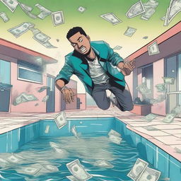 A dynamic scene featuring a pool filled with money, with a rapper diving into it